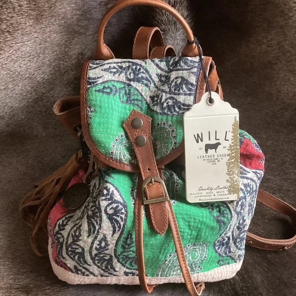 WILL Leather Goods Multi Colored Leather Cross Slouch Gather Drawstring Backpack - Picture 1 of 12